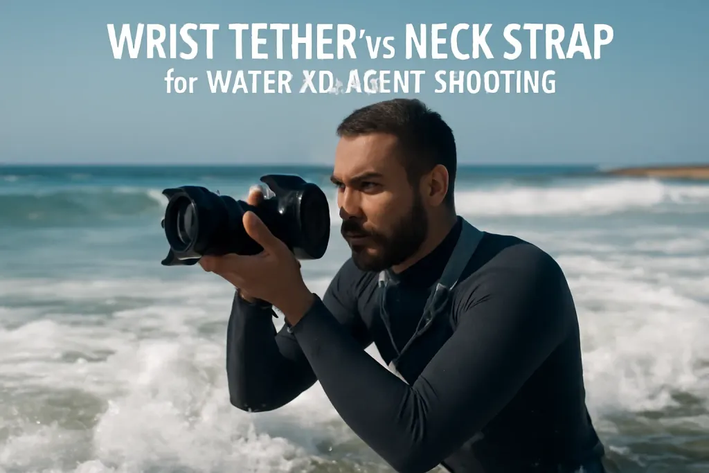 Photo illustrating wrist tether vs neck strap camera water